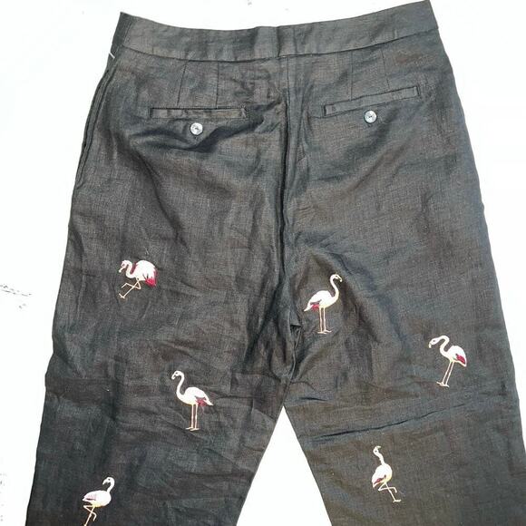 Deane & White 100% Linen Crop Black Pink Flamingo Embroidered Pants NWT Size 10 - Picture 8 of 8